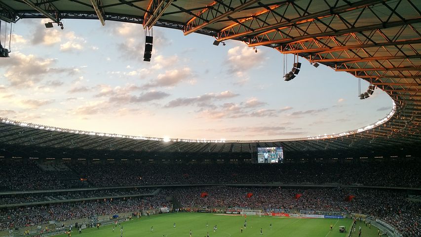 Stade, foot, gradins, écran, terrain, ciel